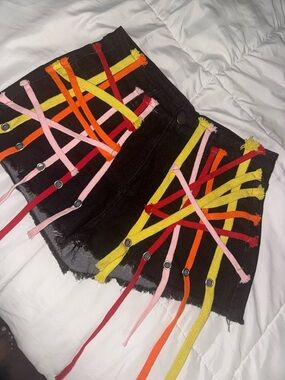 Black Distressed Denim Shorts w/ Colorful Lace-Up Detail – High Waisted